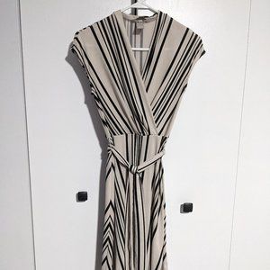 H&M Black and Cream Striped Midi Dress, fabric belt, V-Neck Line-Extra Small